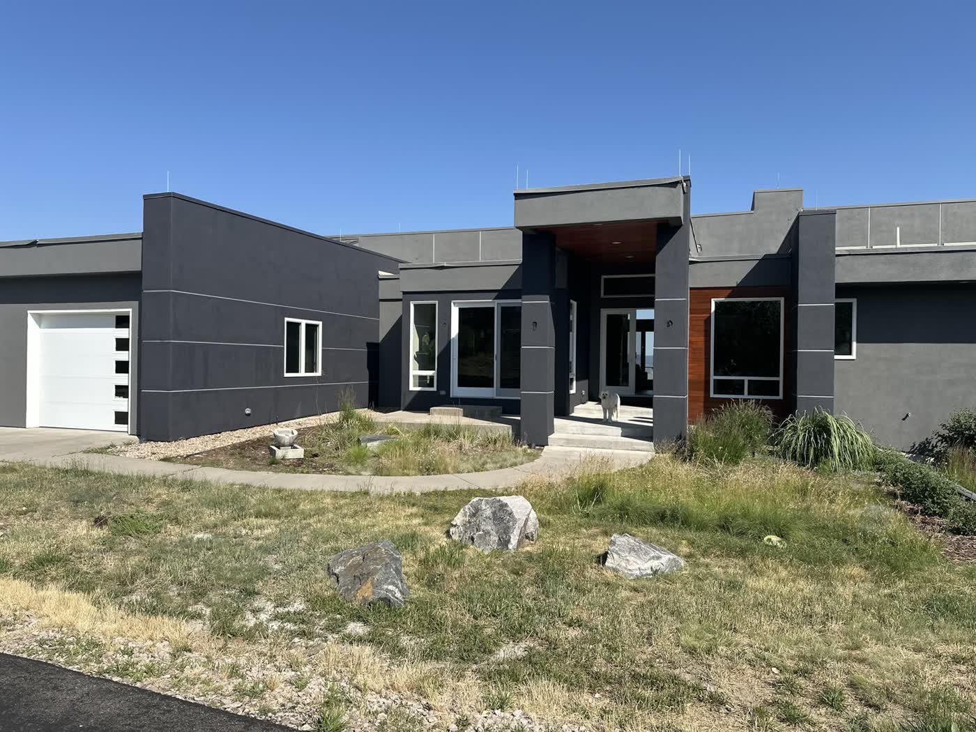 Modern dark-stucco home with cedar accents